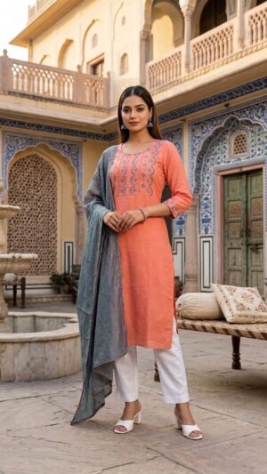 Women's Cotton Slub Embroidered Kurta Pant With Dupatta Manufacturer Wholesale in Jaipur