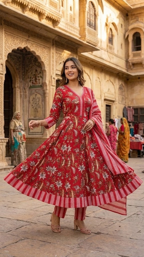 Women's Cotton 60X60 Floral Printed Anarkali Kurta Pant With Dupatta in Jaipuri Cotton Cambric Fabric | Rs 895 Per Pc X 4 Pc (S+M+L+XL) = Rs 3580 per Pack - Image 3