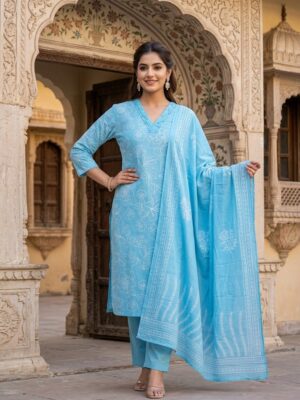 Women's Cotton Cambric 60X60 Printed Kurta Pant With Dupatta Manufacturer Wholesale in Jaipur