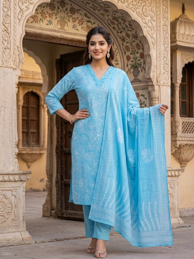 Women's Cotton Cambric 60X60 Printed Kurta Pant With Dupatta Manufacturer Wholesale in Jaipur