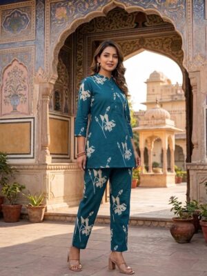 Women's Cotton Teal Blue Floral Printed Co-ord Set With Pant Manufacturer Wholesale in Jaipur