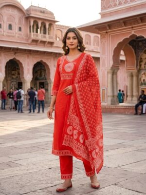 Women Ethnic Geometric Print Kurta Pant And Dupatta Manufacturer Wholesale in Jaipur
