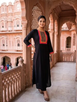 Women Rayon Embroidered Kurta Round neck Manufacturer Wholesale in Jaipur