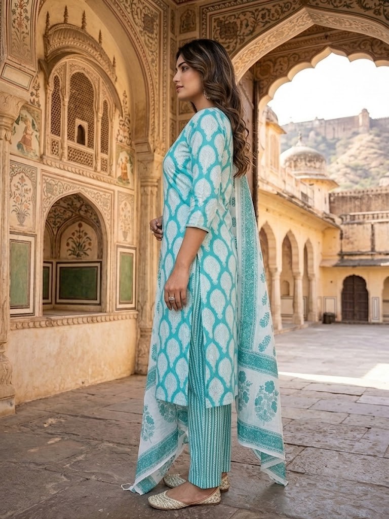 Printed Kurta With Pant And Dupatta in Jaipuri Cotton Cambric Fabric | Rs 795 Per Pc X 5 Pc (S+M+L+XL+2XL) = Rs 3975 per Pack - Image 3