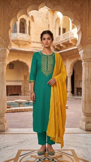 Women's Cotton Slub Thread Embroidered Kurta Pant With Dupatta Manufacturer Wholesale in Jaipur