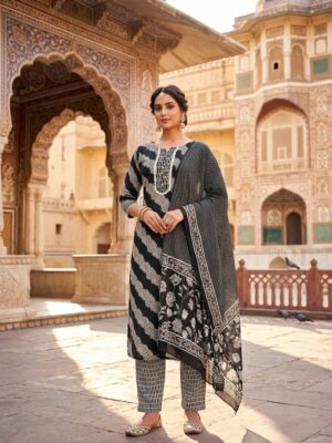 Black & White Traditional Print Kurti Pant And Dupatta Manufacturer Wholesale in Jaipur