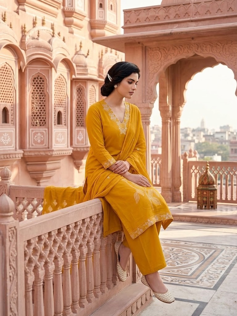 Women's Mustard Thread Embroidery Kurta Palazzo And Dupatta in Jaipuri Cotton Cambric Fabric | Rs 895 Per Pc X 4 Pc (S+M+L+XL) = Rs 3580 per Pack - Image 2