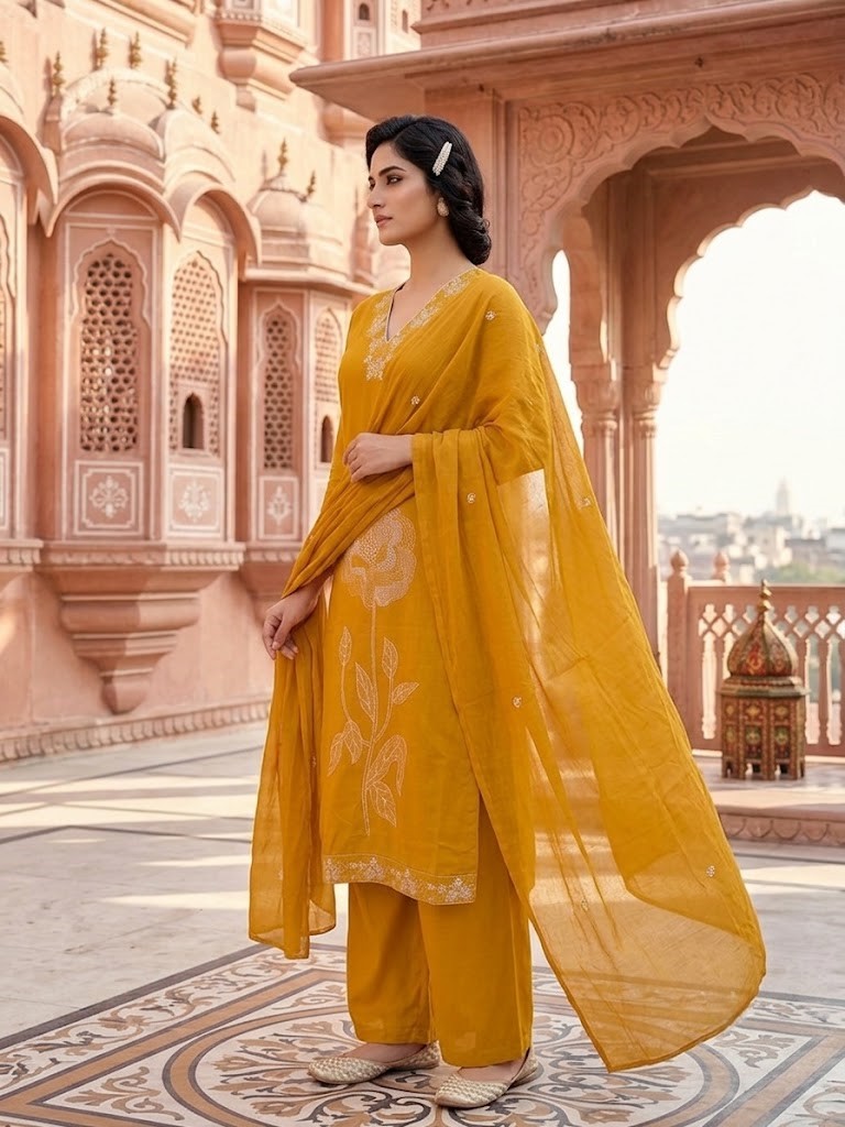 Women's Mustard Thread Embroidery Kurta Palazzo And Dupatta Manufacturer Wholesale in Jaipur