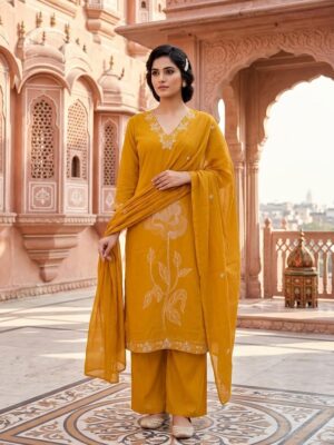 Women's Mustard Thread Embroidery Kurta Palazzo And Dupatta Manufacturer Wholesale in Jaipur