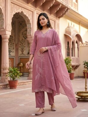 Women's Mustard Thread Embroidery Kurta Palazzo And Dupatta Manufacturer Wholesale in Jaipur