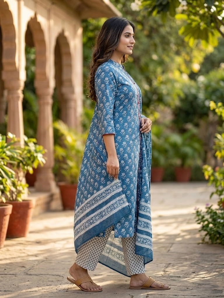 Women Sky Blue Floral Buti Printed Cotton Cambric Kurta Pant And Dupatta Manufacturer Wholesale in Jaipur