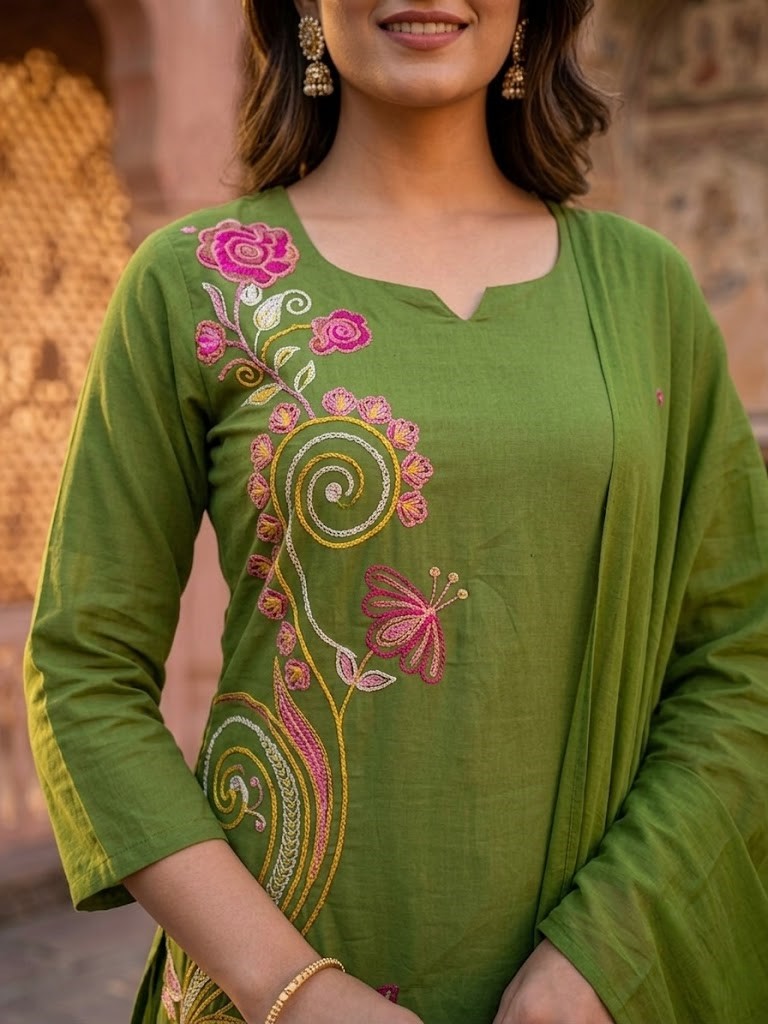Women's Thread Embroidery Kurta Pant And Dupatta Manufacturer Wholesale in Jaipur