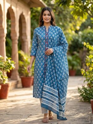 Women Sky Blue Floral Buti Printed Cotton Cambric Kurta Pant And Dupatta Manufacturer Wholesale in Jaipur
