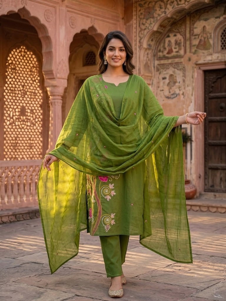 Women's Thread Embroidery Kurta Pant And Dupatta in Jaipuri Cotton Cambric Fabric | Rs 850 Per Pc X 4 Pc (S+M+L+XL) = Rs 3400 per Pack - Image 3