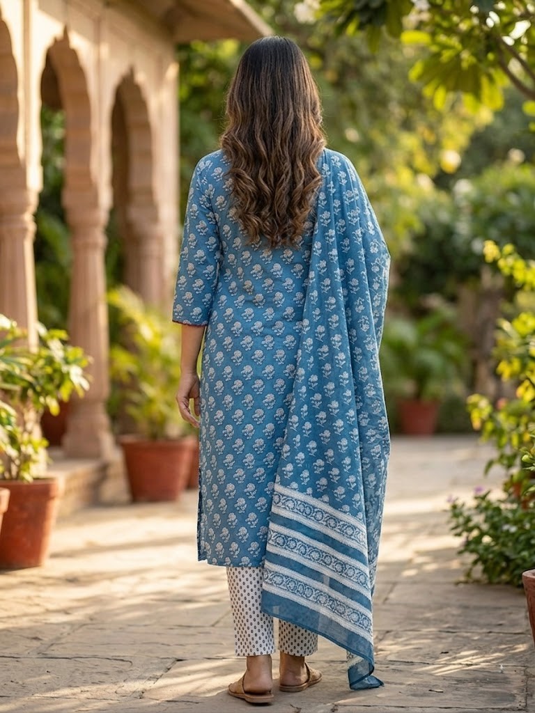 Women Sky Blue Floral Buti Printed Cotton Cambric Kurta Pant And Dupatta Manufacturer Wholesale in Jaipur