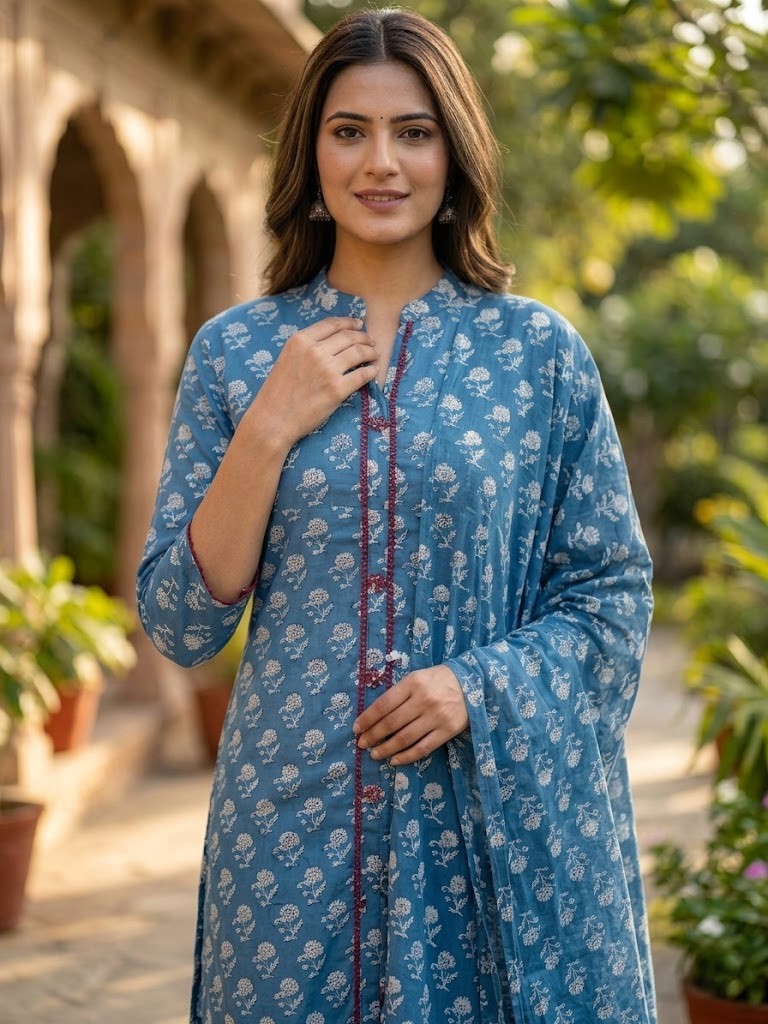 Women Sky Blue Floral Buti Printed Cotton Cambric Kurta Pant And Dupatta Manufacturer Wholesale in Jaipur