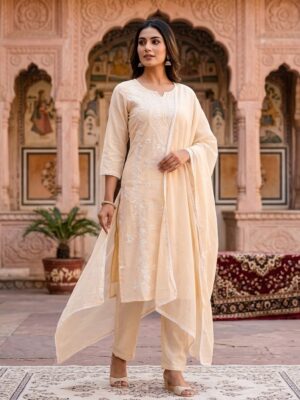Women Off White Self Embroidery Cotton Cambric Kurta With Dupatta Manufacturer Wholesale in Jaipur