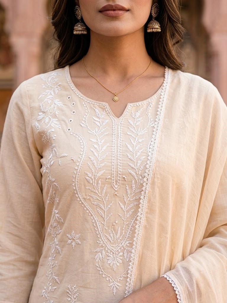 Women Off White Self Embroidery Cotton Cambric Kurta With Dupatta Manufacturer Wholesale in Jaipur