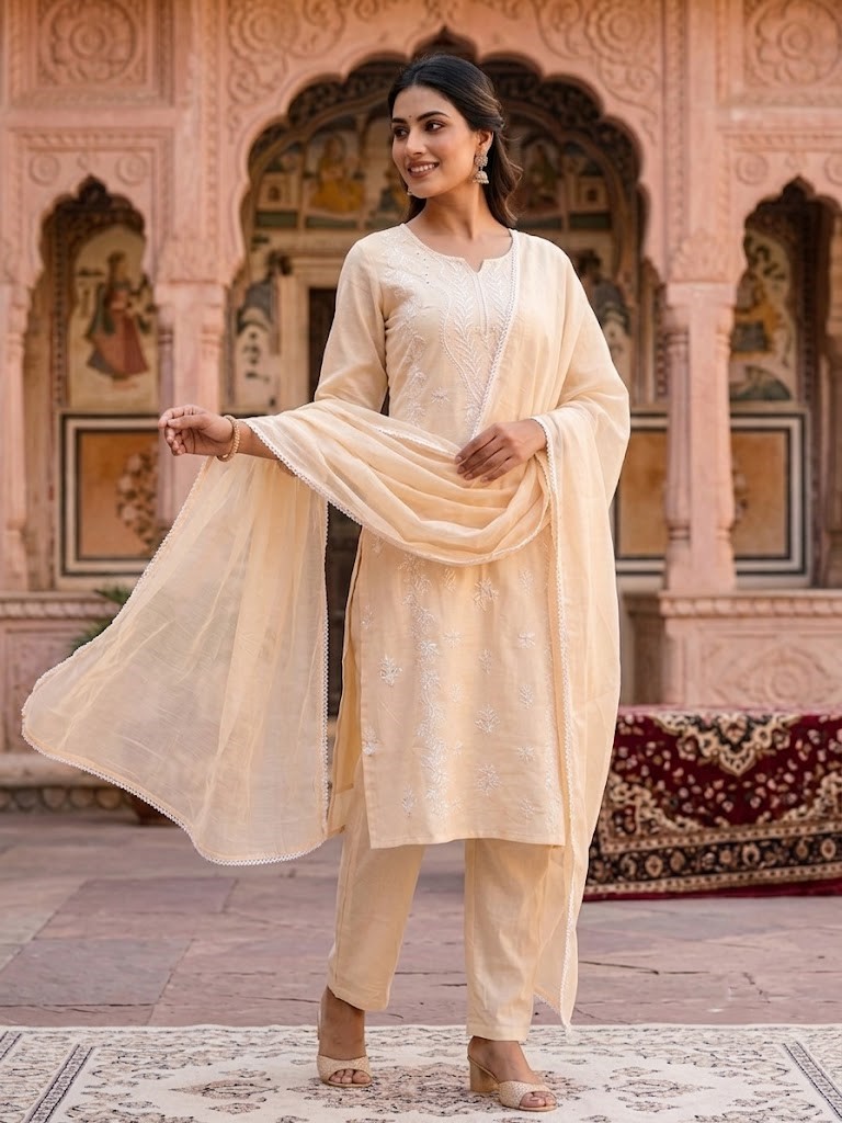 Women's Off White Self Embroidery Cotton Cambric Kurta With Dupatta in Jaipuri Cotton Cambric Fabric | Rs 795 Per Pc X 4 Pc (M+L+XL+2XL) = Rs 3180 per Pack - Image 3