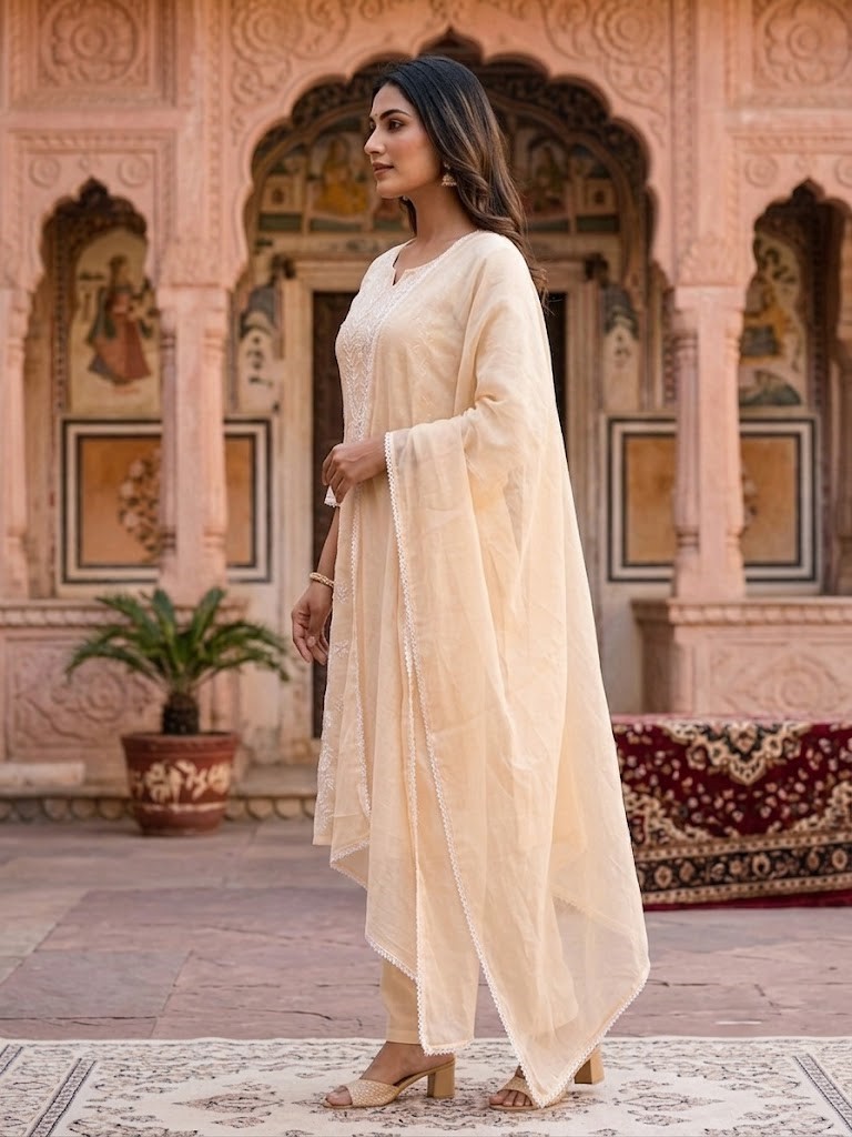 Women's Off White Self Embroidery Cotton Cambric Kurta With Dupatta in Jaipuri Cotton Cambric Fabric | Rs 795 Per Pc X 4 Pc (M+L+XL+2XL) = Rs 3180 per Pack - Image 4