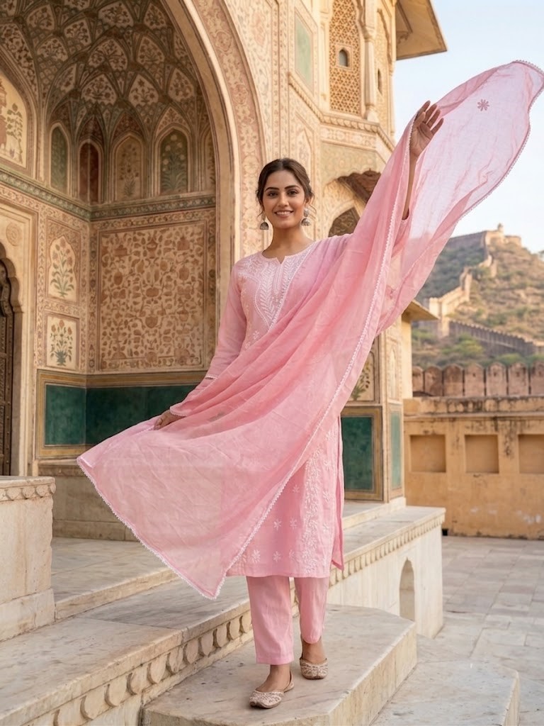 Women's Light Pink Self Embroidery Cotton Cambric Kurta With Dupatta Manufacturer Wholesale in Jaipur