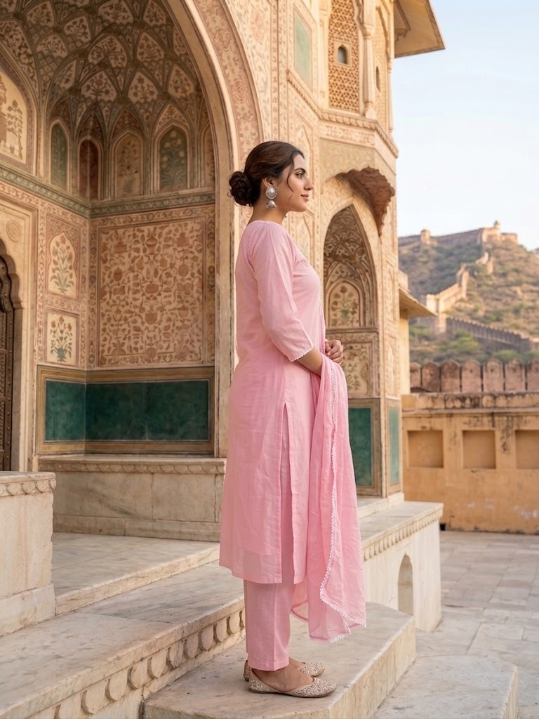 Women's Light Pink Self Embroidery Cotton Cambric Kurta With Dupatta Manufacturer Wholesale in Jaipur