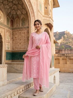 Women's Light Pink Self Embroidery Cotton Cambric Kurta With Dupatta Manufacturer Wholesale in Jaipur