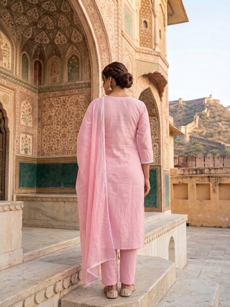 Women's Light Pink Self Embroidery Cotton Cambric Kurta With Dupatta Manufacturer Wholesale in Jaipur