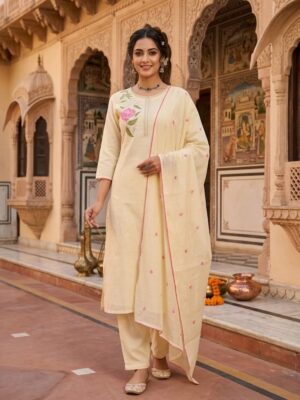 Women's Off White Floral Embroidery Cotton Cambric Kurta With Dupatta Manufacturer Wholesale in Jaipur