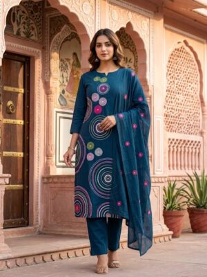 Women's Cotton Cambric 60X60 Applique Work Kurta Pant With Dupatta Manufacturer Wholesale in Jaipur