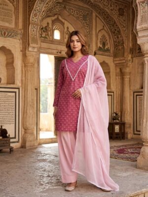 Women Dusty Rose Printed Kurta Set With Farsi Salwar And Dupatta Manufacturer Wholesale in Jaipur