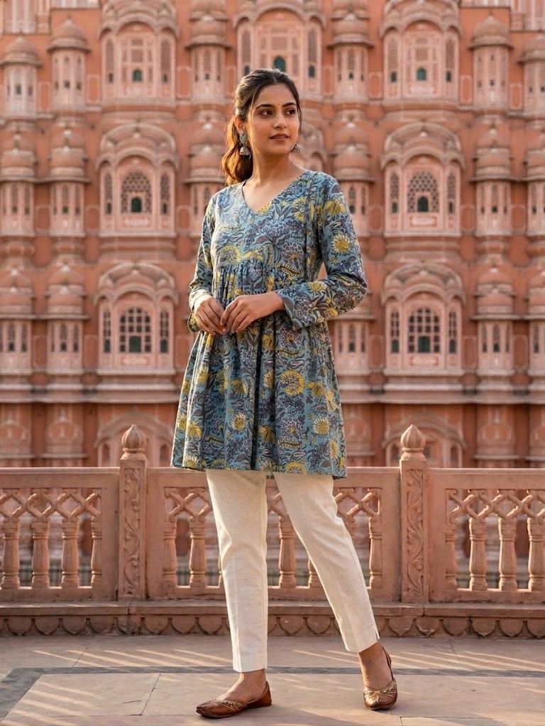 Women's Cotton Floral Short Kurti in Jaipuri Cotton Cambric Fabric Manufacturer Wholesale in Jaipur