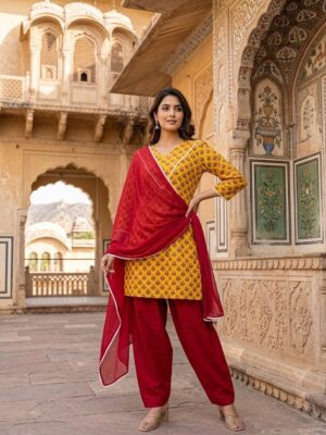 Women Yellow Floral Buti Printed Kurta Set With Farsi Salwar And Dupatta Manufacturer Wholesale in Jaipur