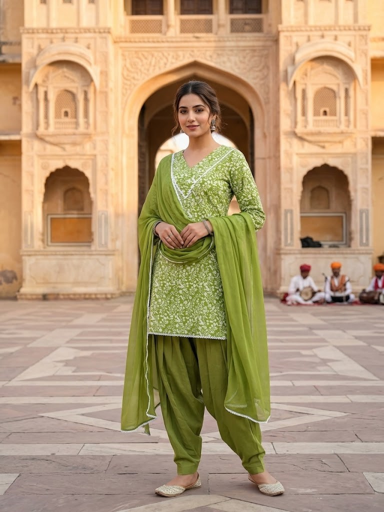 Women Lime Green Floral Printed Kurta Set With Farsi Salwar And Dupatta Manufacturer Wholesale in Jaipur
