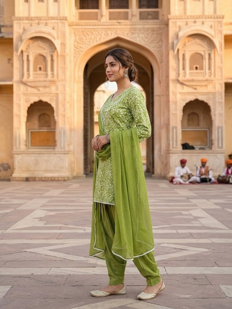 Women Lime Green Floral Printed Kurta Set With Farsi Salwar And Dupatta Manufacturer Wholesale in Jaipur