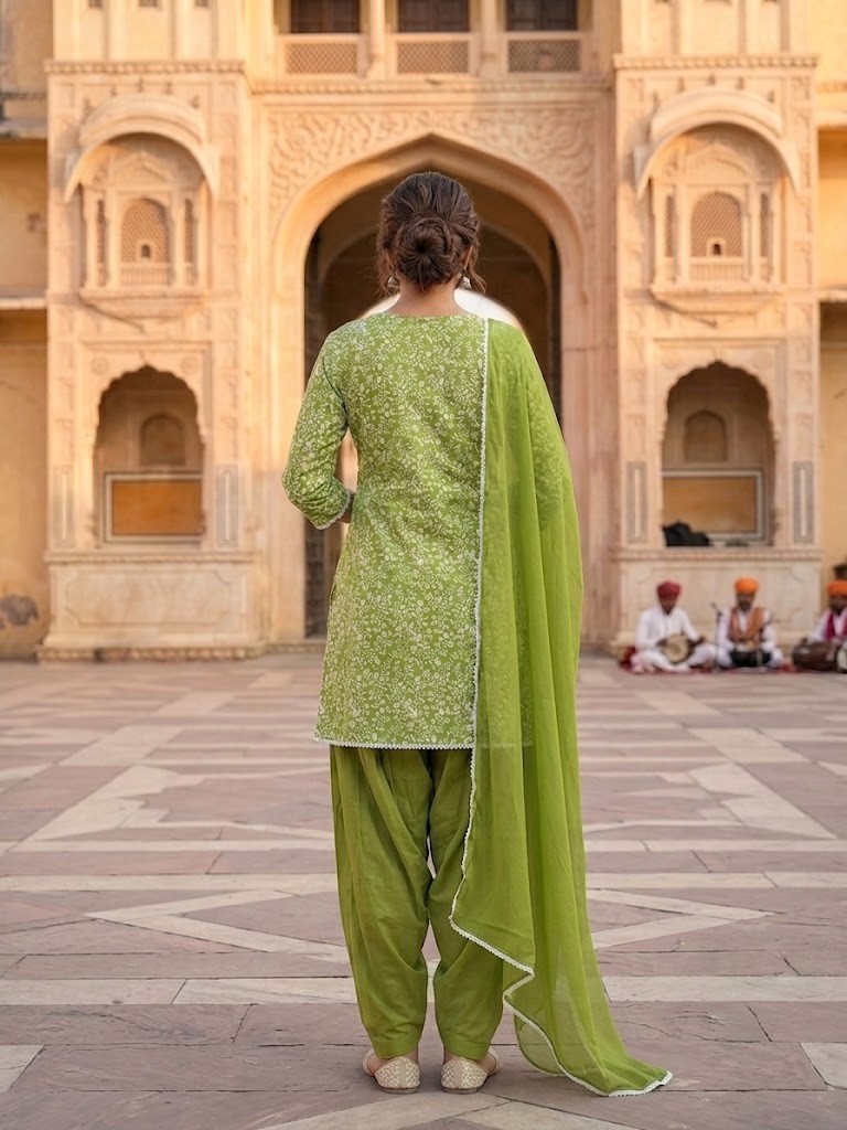 Women Lime Green Floral Printed Kurta Set With Farsi Salwar And Dupatta Manufacturer Wholesale in Jaipur