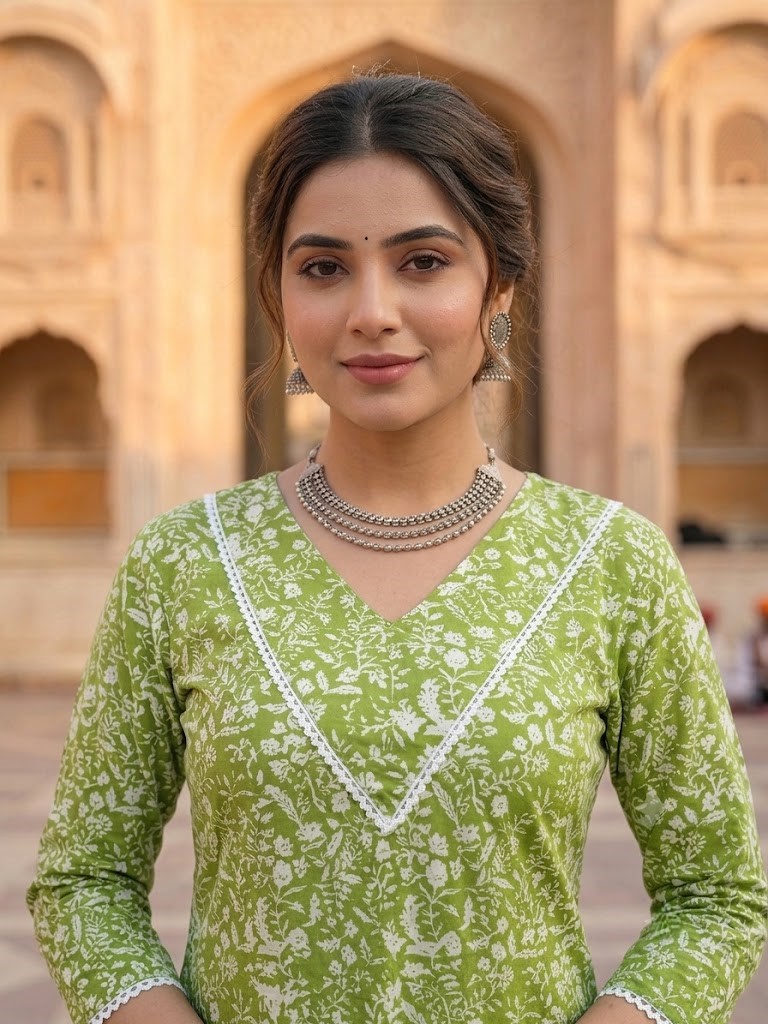 Women Lime Green Floral Printed Kurta Set With Farsi Salwar And Dupatta Manufacturer Wholesale in Jaipur