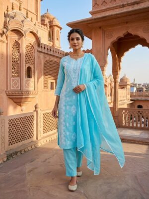Women's Aqua Blue Self Embroidery Cotton Cambric Kurta With Dupatta Manufacturer Wholesale in Jaipur