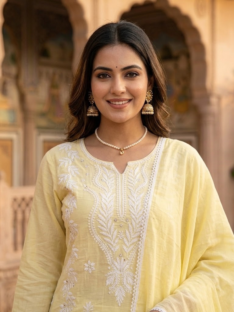 Women's Lemon Yellow Self Embroidery Cotton Cambric Kurta With Dupatta Manufacturer Wholesale in Jaipur