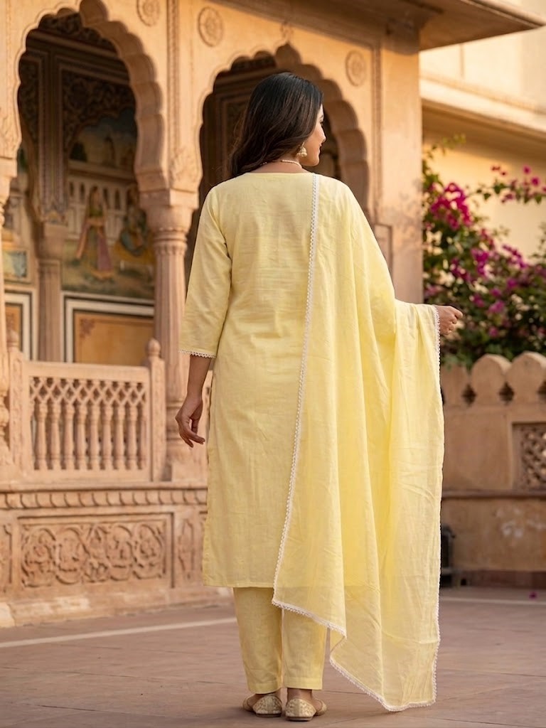 Women's Lemon Yellow Self Embroidery Cotton Cambric Kurta With Dupatta Manufacturer Wholesale in Jaipur