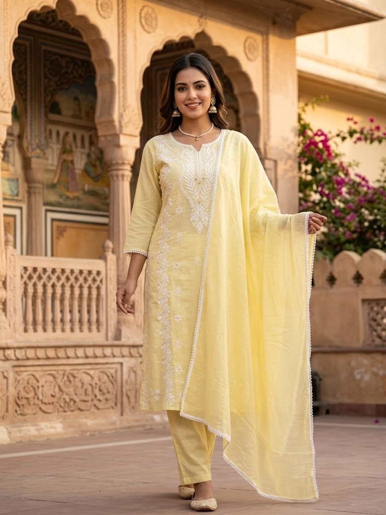 Women's Lemon Yellow Self Embroidery Cotton Cambric Kurta With Dupatta Manufacturer Wholesale in Jaipur
