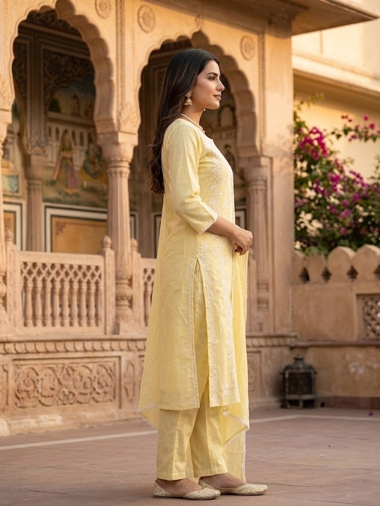 Women's Lemon Yellow Self Embroidery Cotton Cambric Kurta With Dupatta in Jaipuri Cotton Cambric Fabric | Rs 795 Per Pc X 4 Pc (M+L+XL+2XL) = Rs 3180 per Pack - Image 3