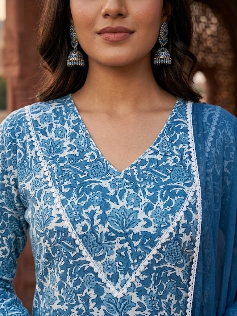 Women Teal Blue Floral Printed Kurta Set With Farsi Salwar And Dupatta Manufacturer Wholesale in Jaipur