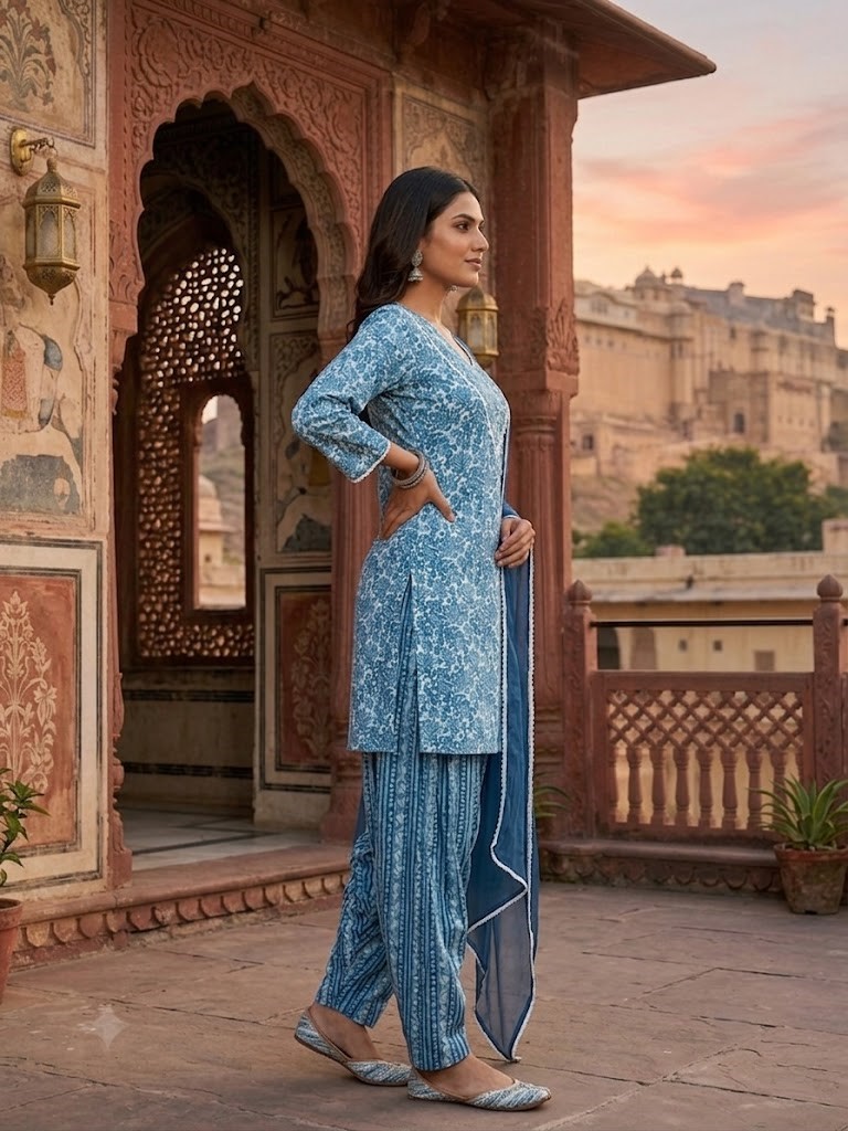 Women Teal Blue Floral Printed Kurta Set With Farsi Salwar And Dupatta in Jaipuri Cotton Cambric Fabric | Rs 795 Per Pc X 4 Pc (M+L+XL+2XL) = Rs 3180 per Pack - Image 3