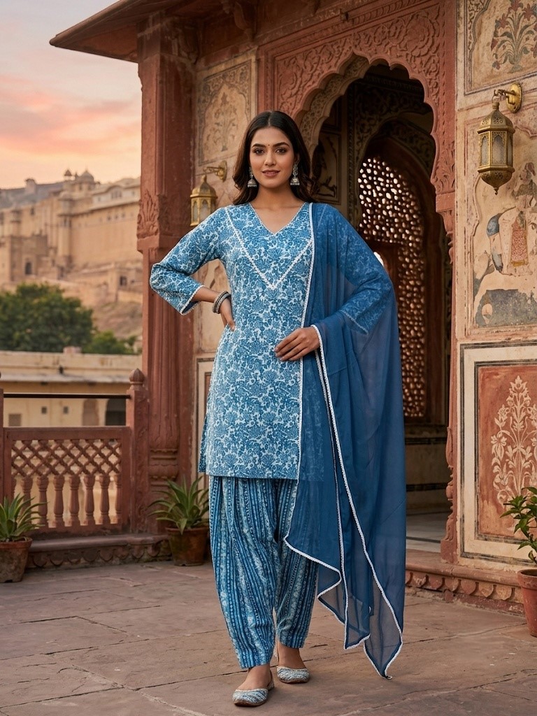 Women Teal Blue Floral Printed Kurta Set With Farsi Salwar And Dupatta Manufacturer Wholesale in Jaipur