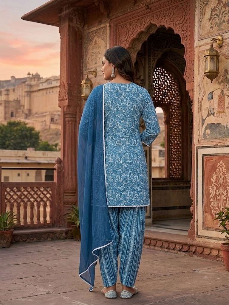Women Teal Blue Floral Printed Kurta Set With Farsi Salwar And Dupatta in Jaipuri Cotton Cambric Fabric | Rs 795 Per Pc X 4 Pc (M+L+XL+2XL) = Rs 3180 per Pack - Image 4