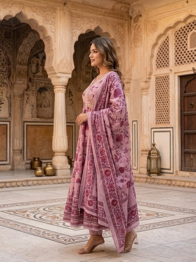 Anarkali With Pant And Dupatta in Jaipuri Cotton Cambric Fabric | Rs 995 Per Pc X 4 Pc (S+M+L+XL) = Rs 3980 per Pack - Image 3