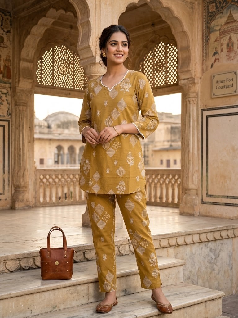 Women's Cotton Mustard Yellow Printed Co-ord Set With Pant Manufacturer Wholesale in Jaipur