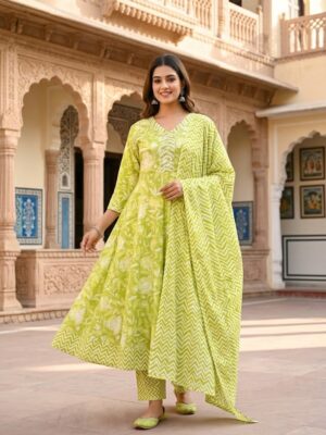 Women's Cotton 60X60 Floral Printed Anarkali Kurta Chevron Printed Dupatta With Pant Manufacturer Wholesale in Jaipur