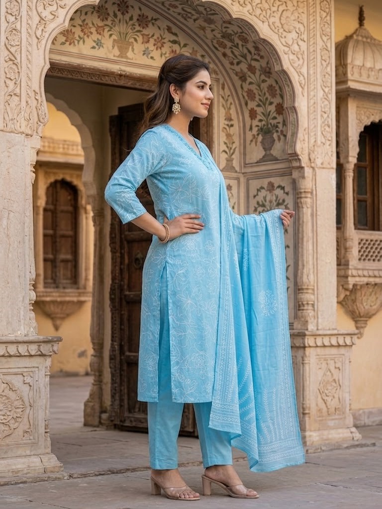 Women's Cotton Cambric 60X60 Printed Kurta Pant With Dupatta Manufacturer Wholesale in Jaipur